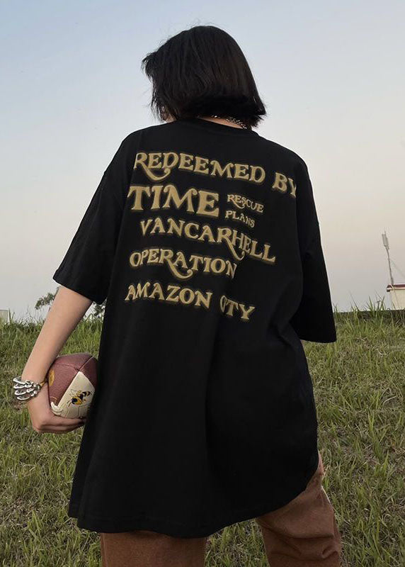 Black Print Cotton Tops T Shirt O Neck Summer