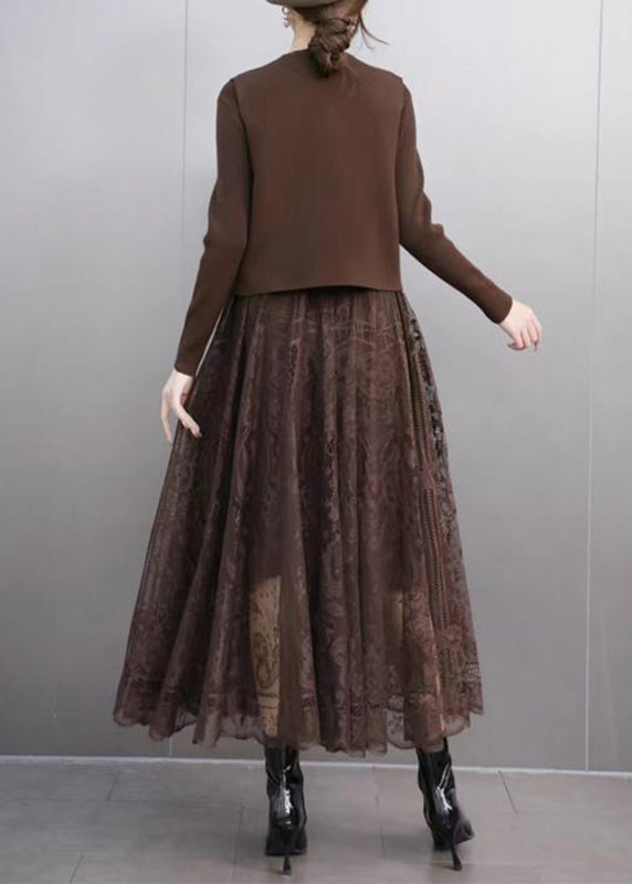 Coffee O-neck Waistcoat and Lace Maxi Skirts Two Pieces Set Spring