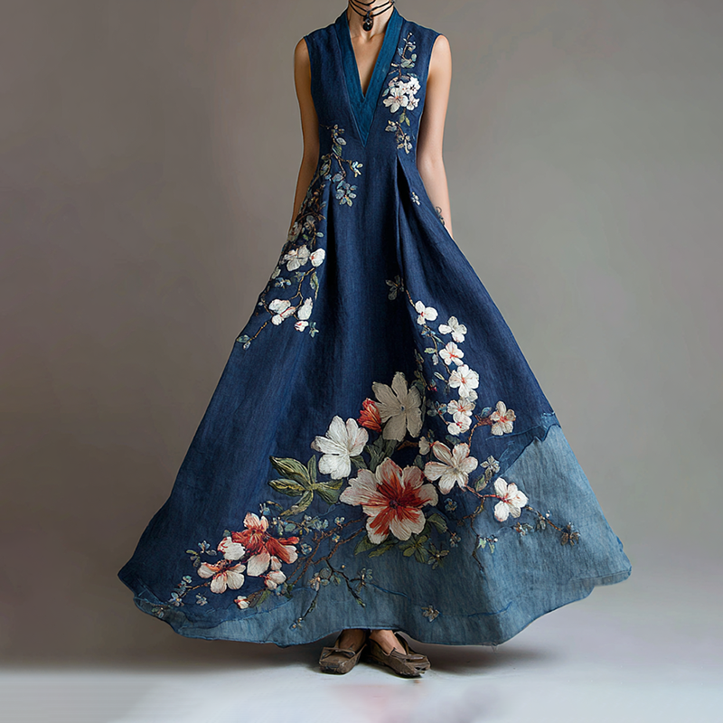 Comstylish Women's Retro Japanese Sakura Art Stitching Casual Linen Dress