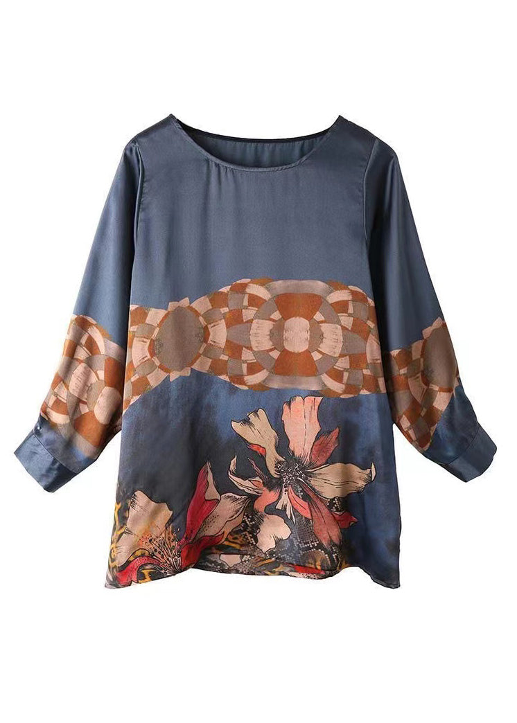Navy O Neck Print Patchwork Silk Tops Fall