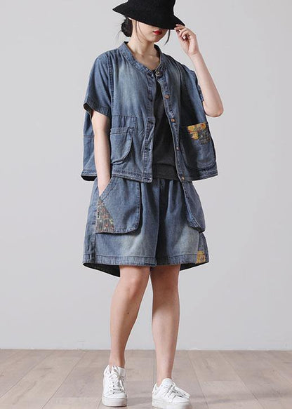 Button Blue Short Sleeve Tops Hot Pants Denim Two Piece Suit Set