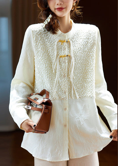 Beige Chinese Button Sequins Silk Shirt Long Sleeve