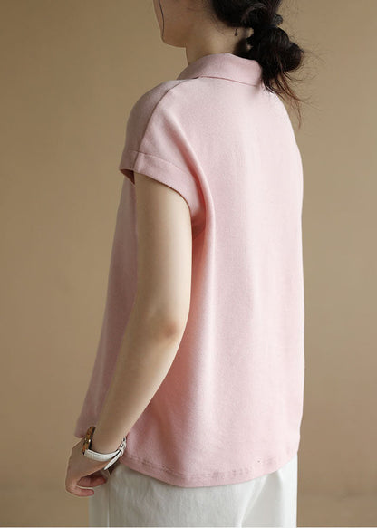 Style Pink Peter Pan Collar Button Cotton Tank Short Sleeve