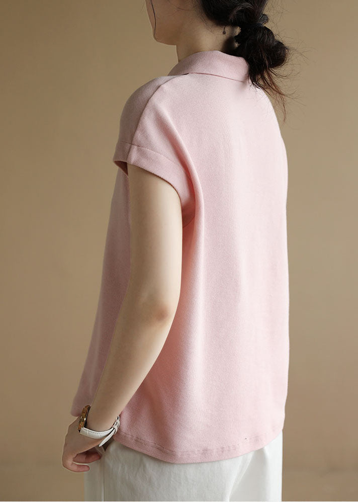 Style Pink Peter Pan Collar Button Cotton Tank Short Sleeve