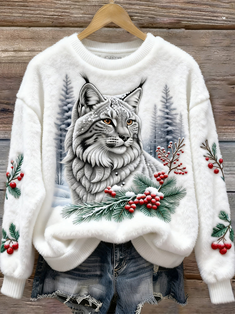 Comstylish Christmas Lynx Animal Pattern Women's Flannel Sweatshirt