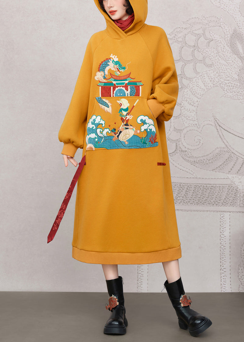 Loose Yellow Hooded Embroidered Warm Fleece Long Dress Spring