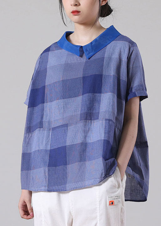 Blue Peter Pan Collar Plaid Patchwork Button Cotton Shirt Top Short Sleeve