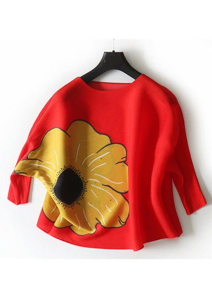 Red O-neck Print Wrinkled Tops Half Sleeve