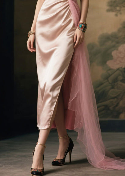 Nude V Neck Patchwork Side Open Silk Vacation Dress Summer