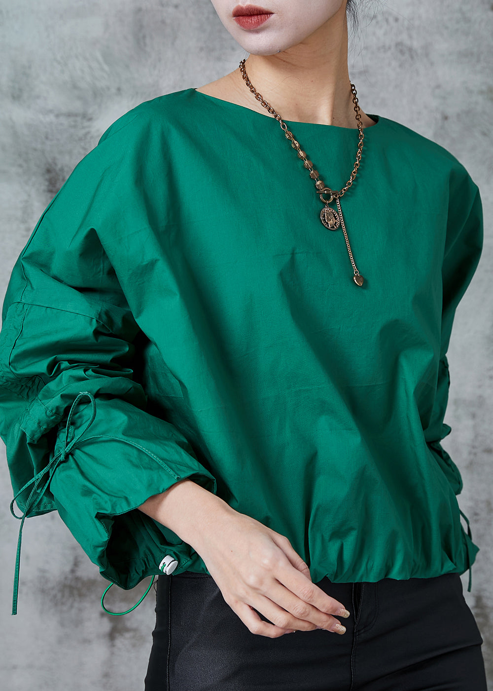 Fitted Green Oversized Drawstring Cotton Pullover Spring