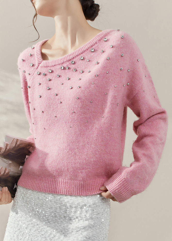 Pink O-neck Nail Bead Cozy Cotton Knit Sweater Fall
