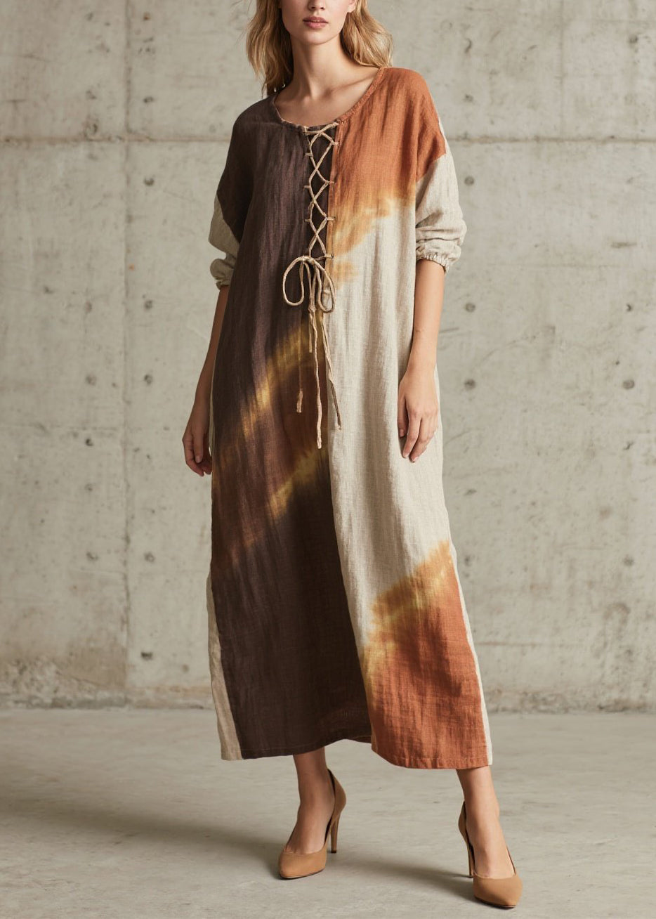 Colorblock O Neck Lace Up Cotton Long Dress Fall