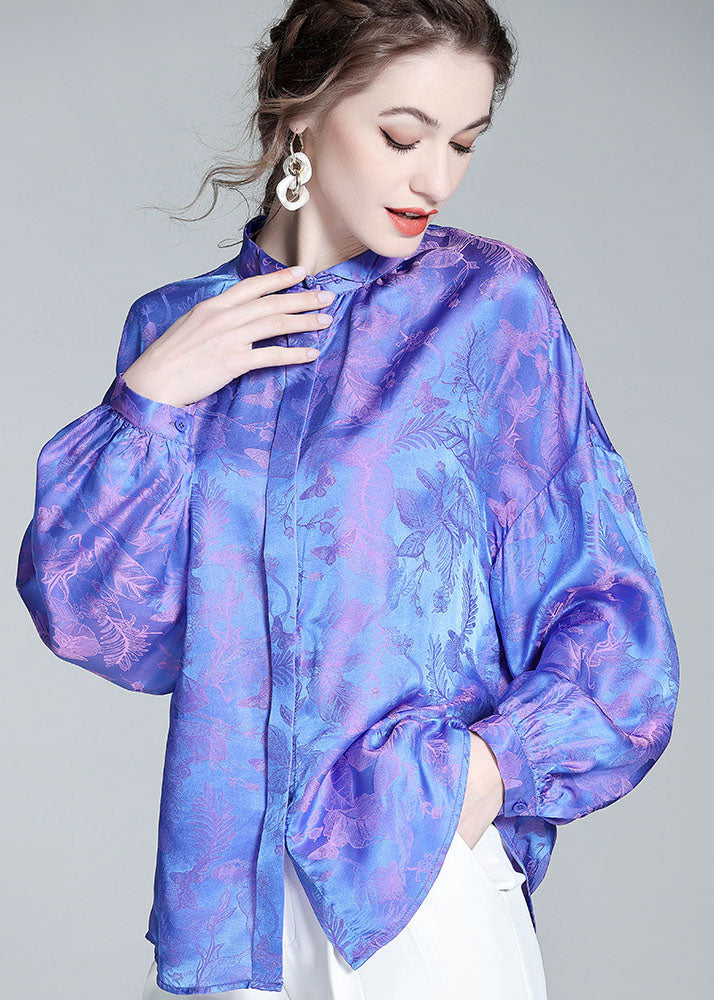 Blue Wrinkled Patchwork Jacquard Silk Shirts Spring