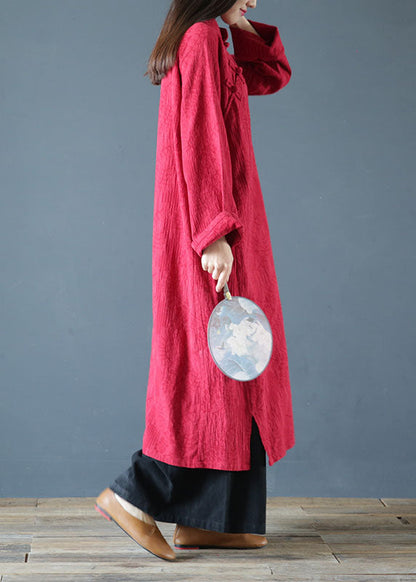 Red Stand Collar Jacquard Wrinkled Cotton Dress Cheongsam Spring
