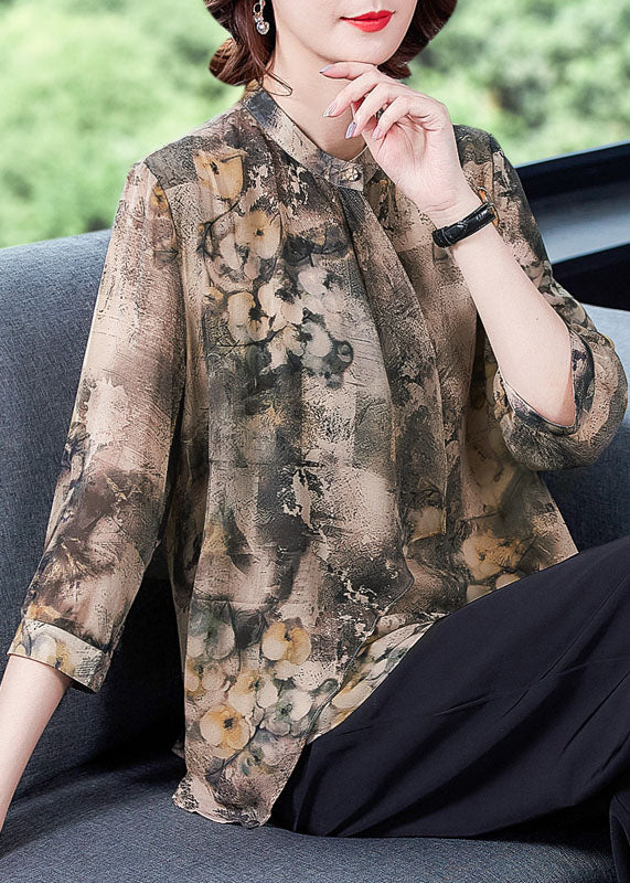 Apricot Asymmetrical Print Silk Shirts Bracelet Sleeve