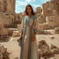 Retro Elegant Greek Key Crew Neck Linen Blend Maxi Dress artswardrobe