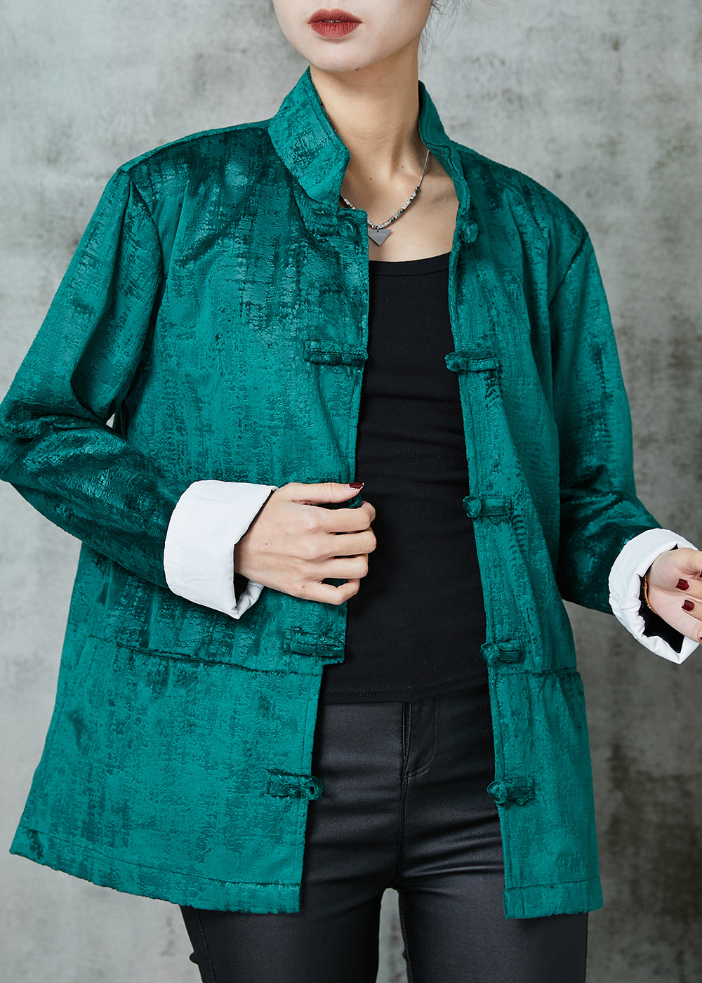 Peacock Green Stand Collar Chinese Button Cotton Coats Spring
