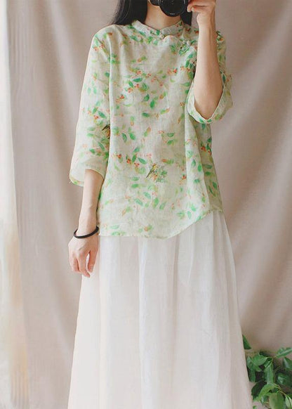 Stand Collar Half Sleeve Clothes for Green Leaves Tops