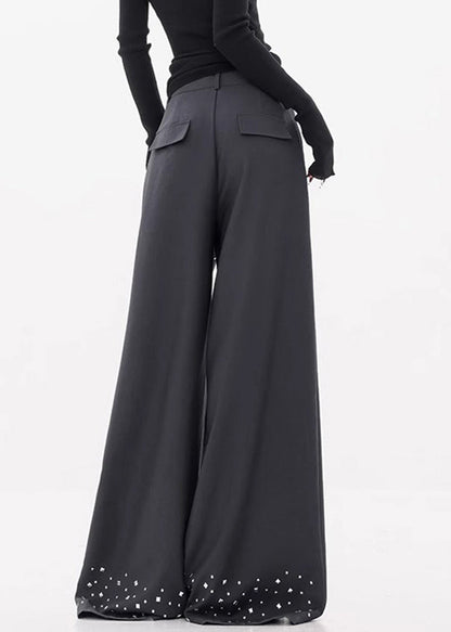 Stylish Dark Gray Zircon High Waist Spandex Wide Leg Pants Fall