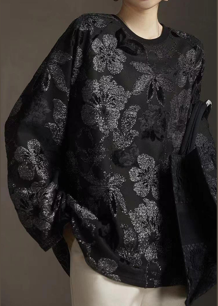 New Black Round Neck Hot Stamping Bright Silk T-shirt Spring