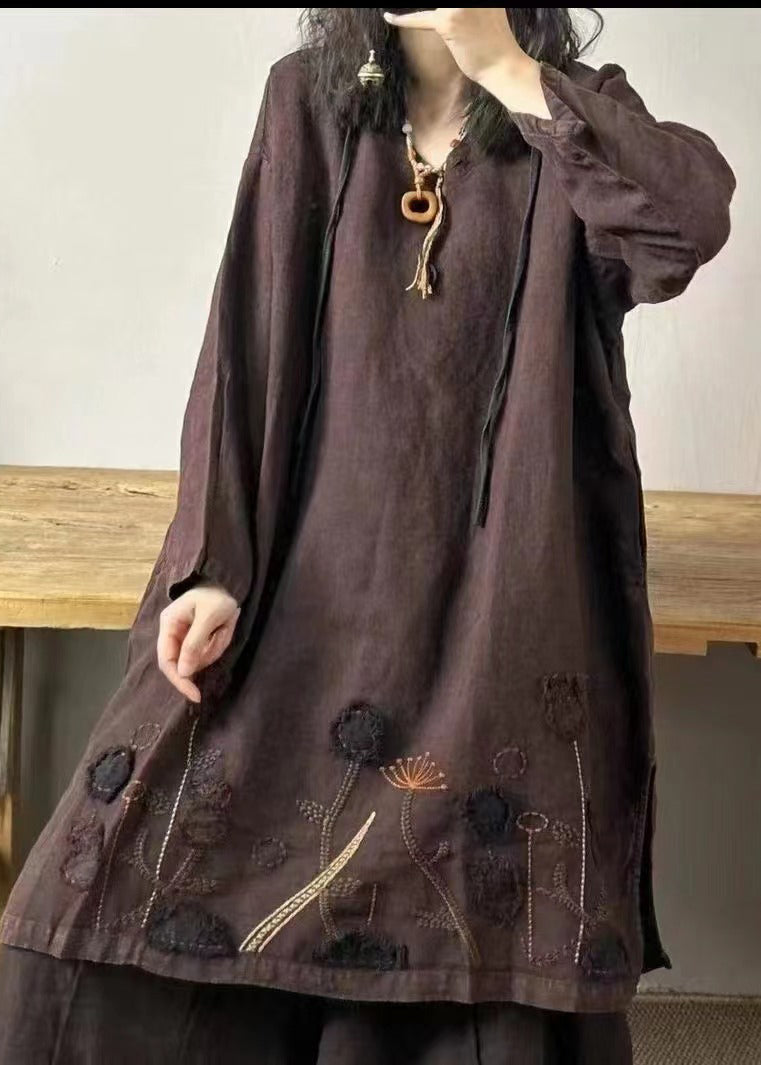 Mulberry V Neck Embroideried Patchwork Linen Mid Dresses Fall