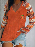 Women's Fall Retro Geometric Pumpkin V Neck Top artswardrobe