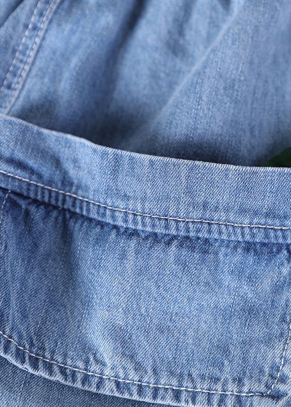 Blue Elastic Waist Pockets Harem Summer Cotton Pants