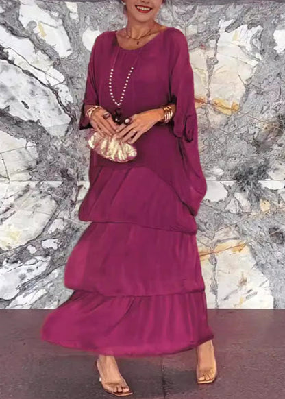 French Grey O Neck Chiffon Dresses Batwing Sleeve Summer