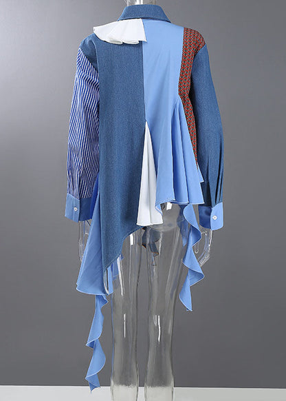 Unique Blue Asymmetrical Design Peter Pan Collar Patchwork Shirts Spring