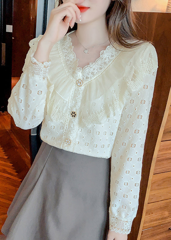 Apricot Ruffled Hollow Out Patchwork Lace Shirts Fall