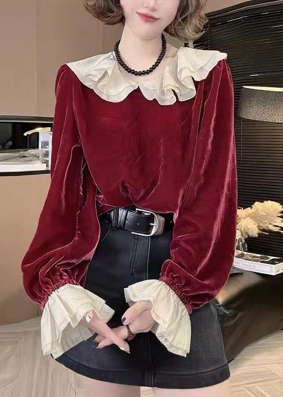 New Wine Red Ruffled Silk Velour Shirt Spring