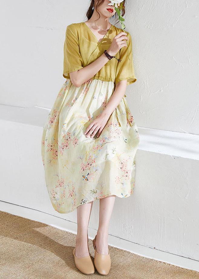 Natural Yellow Patchwork Print Summer Ramie Dresses Half Sleeve
