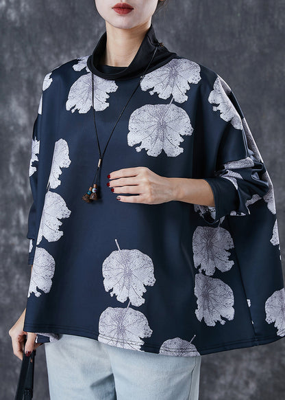 Black Turtle Neck Lotus Leaf Print Spandex Top Spring