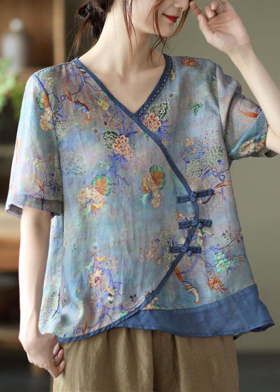 Simple Dark Blue Print Ramie Oriental Summer Tops