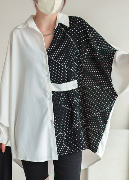 White Dot Asymmetrical Button Chiffon Shirt Batwing Sleeve