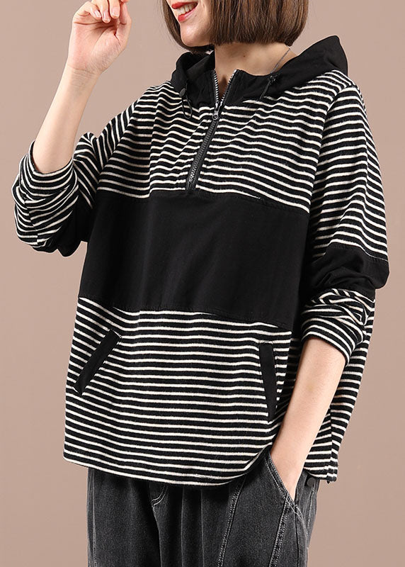 Black Patchwork Striped Hooded Pockets Fall Pullover