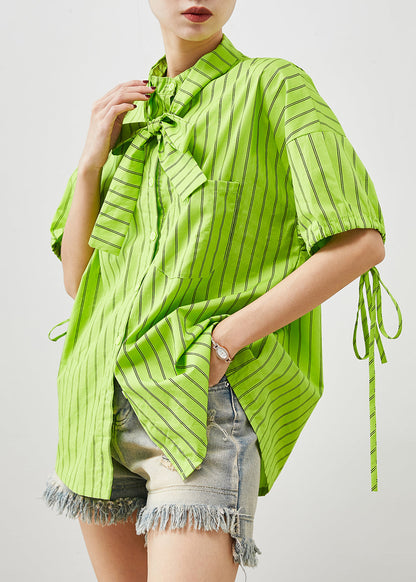 Grass Green Striped Cotton Shirt Tops Summer