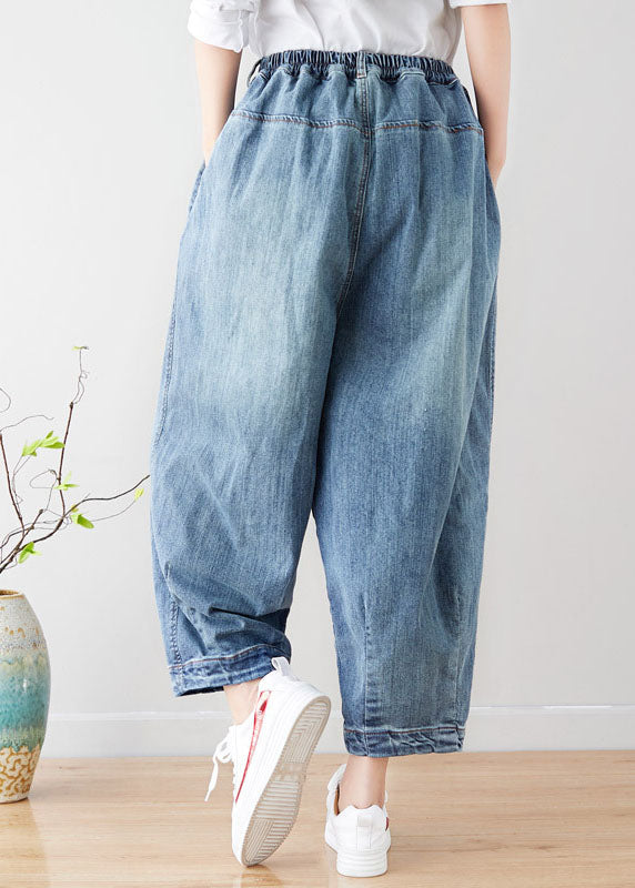 Art Light Blue Elastic Waist Pockets Pants Spring