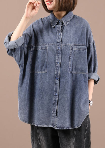 Blue Peterpan Collar Pockets Button Fall Coat Long Sleeve