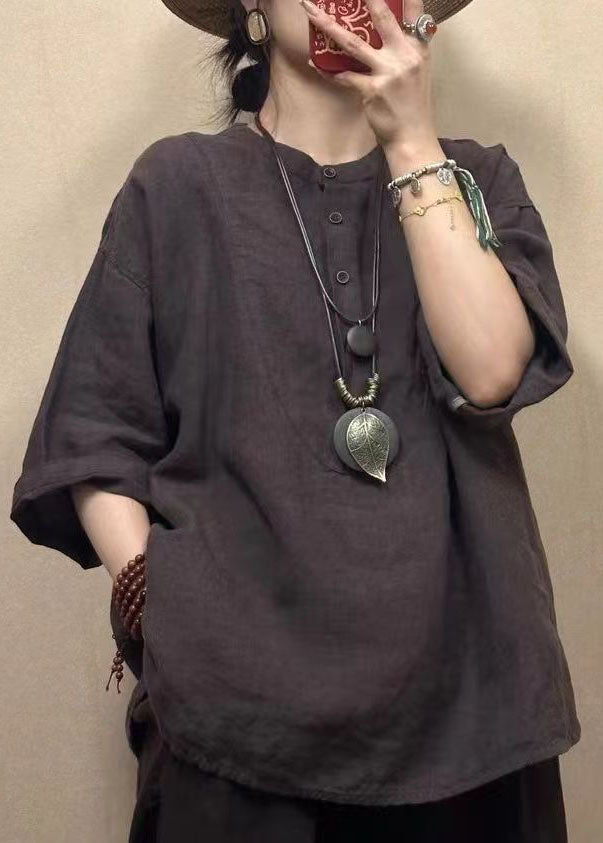Loose Dark Red O-neck Button Cotton Top Bracelet Sleeve