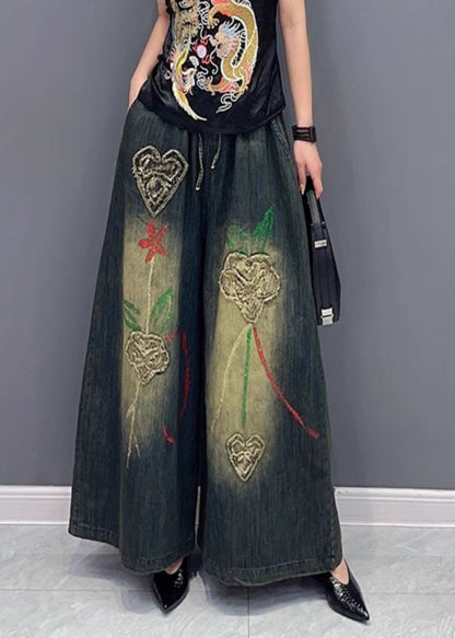 Embroideried Elastic Waist Wide Leg Jeans