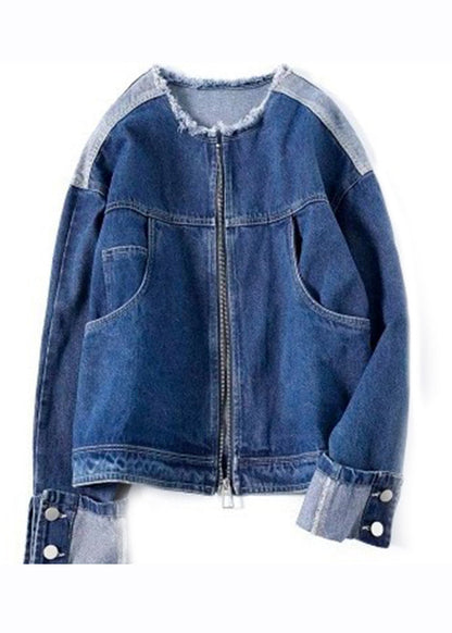 Denim Blue O-neck Zippered Patchwork Coat Long Sleeve