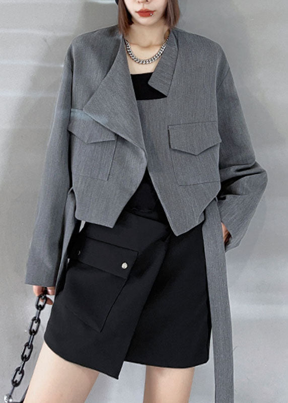 Unique Grey Loose Pockets Tie Waist Fall Long Sleeve Coat