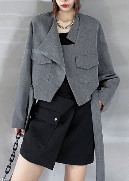 Unique Grey Loose Pockets Tie Waist Fall Long Sleeve Coat