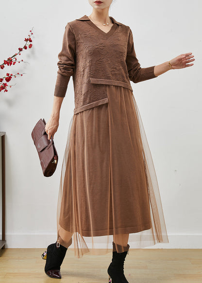 Khaki Jacquard Patchwork Wool Tulle Dress Summer
