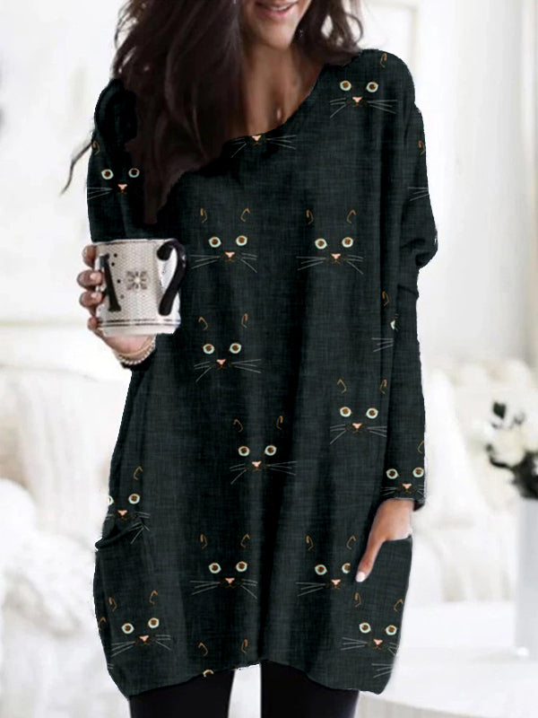 Comstylish Cute Cat Face Pattern Patch Pocket Comfy Tunic