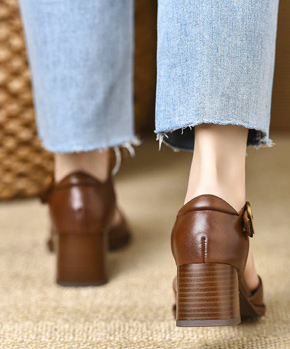 Brown Chunky Heel Cowhide Leather Fine Splicing Sandals