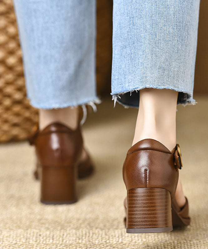 Brown Chunky Heel Cowhide Leather Fine Splicing Sandals