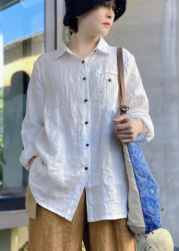 Chocolate Embroideried Button Peter Pan Collar Linen Shirt Top Long Sleeve