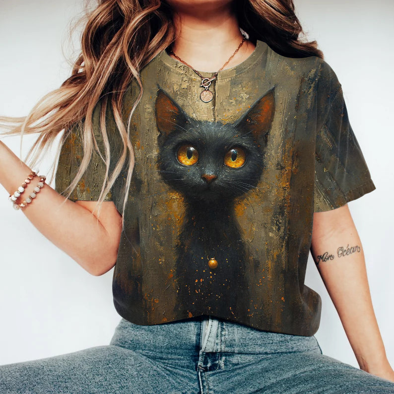 Abstract Creative Black Cat Painting Art T-Shirt elevenforest